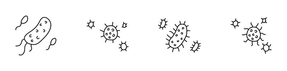 Conjunto de iconos de de virus, bacteria, bacilo, germen, microbio. Concepto de partícula infecciosa. Ilustración vectorial