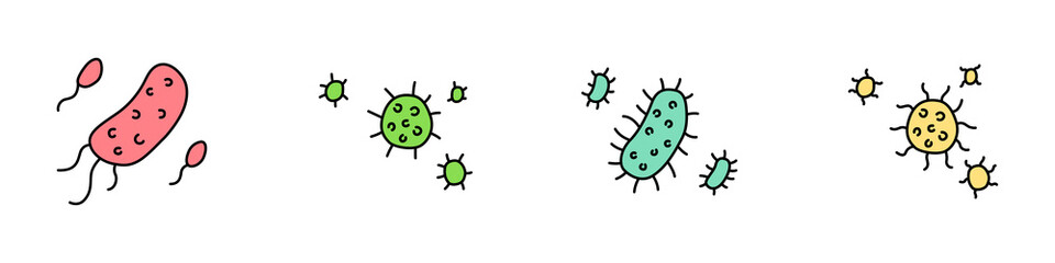 Conjunto de virus, bacterias, bacilos, germen, microbio. Concepto de partícula infecciosa. Ilustración vectorial