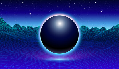 80s synthwave styled landscape with black heavy metallic ball and grid mountains on arcade space planet.