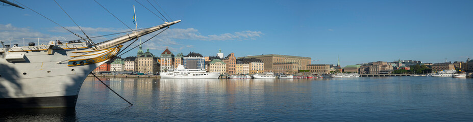 View over the old town Gamla Stan and the bay Strömmen from the island Skeppsholmen in Stockholm