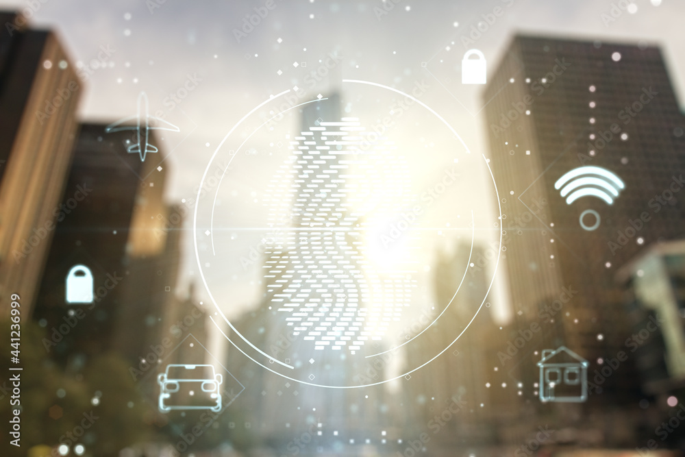 Fototapete Multi exposure of virtual fingerprint scan interface on blurry cityscape background, digital access concept