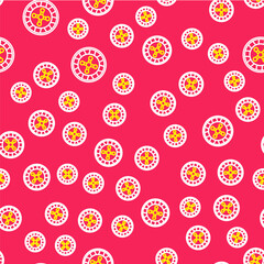 Line Casino roulette wheel icon isolated seamless pattern on red background. Vector