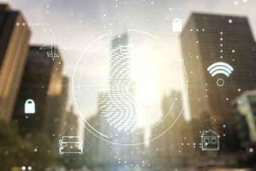 Multi exposure of virtual fingerprint scan interface on blurry cityscape background, digital access concept