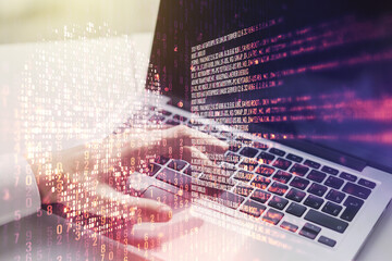 Creative code skull sketch and hands typing on computer keyboard on background, theft of personal...