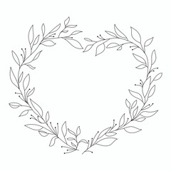 Hand drawn floral heart frame wreath on white background. Vector template with flourishes ornament elements.