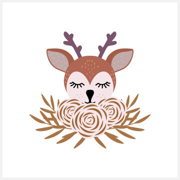 Cartoon deer with wreath clipart. Hand drawn vector stock illustration. EPS 10