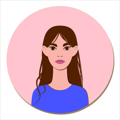 Brunette woman. Vector flat illustration.  Paper art style. Portrait of a young girl for a poster, flyer, postcard, graphics, web, mobile app, avatar, card