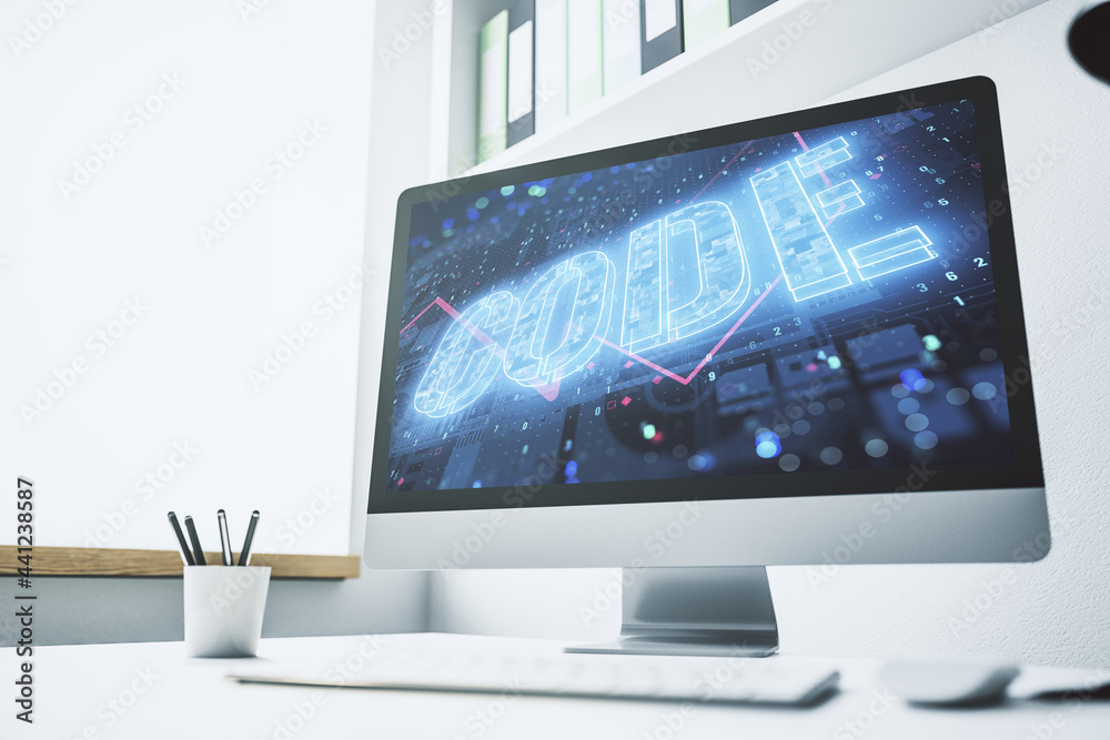 Aufkleber creative code word sign on modern computer monitor, international software development concept. 3d r