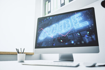 Creative Code word sign on modern computer monitor, international software development concept. 3D Rendering