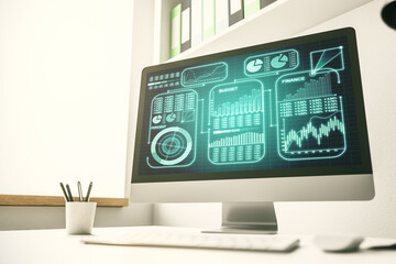 Modern computer monitor with abstract statistics data hologram interface, computing and analytics concept. 3D Rendering