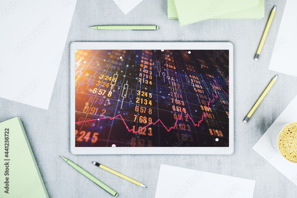 Aufkleber stats data illustration on modern digital tablet monitor, computing and analytics concept. top view.