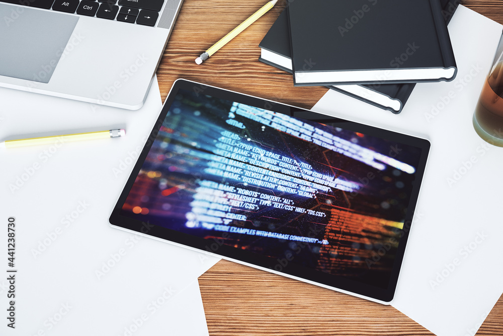 Poster abstract creative coding illustration on modern digital tablet display, software development concept