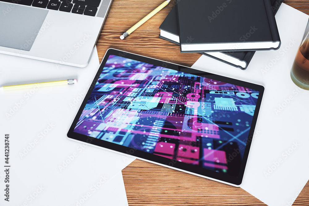 Poster abstract creative coding concept on modern digital tablet screen. top view. 3d rendering