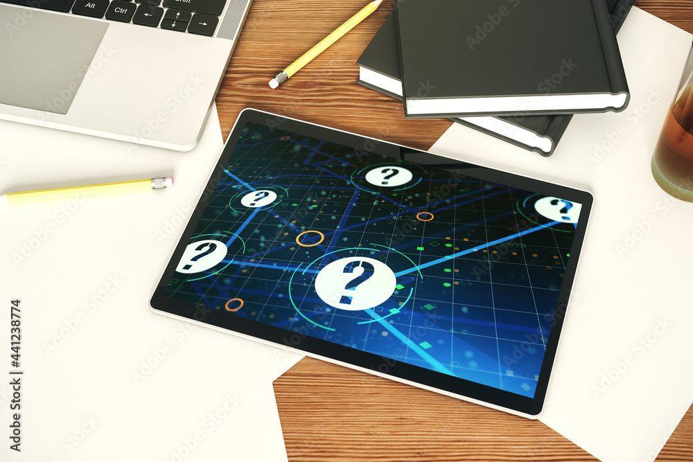 Aufkleber creative abstract question mark sketch on modern digital tablet screen, faq and research concept. to