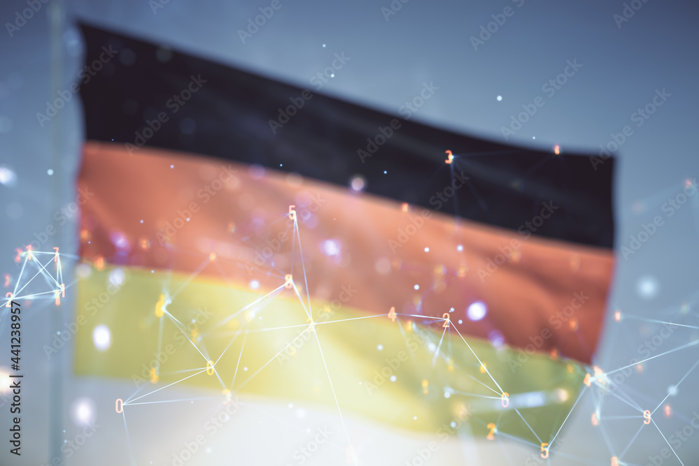 Poster abstract virtual wireless technology hologram on flag of germany and sunset sky background. big data