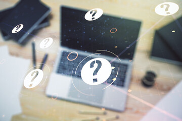 Creative concept of question mark illustration on modern laptop background. FAQ and search concept....