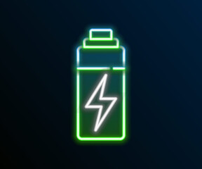 Glowing neon line Battery icon isolated on black background. Lightning bolt symbol. Colorful outline concept. Vector