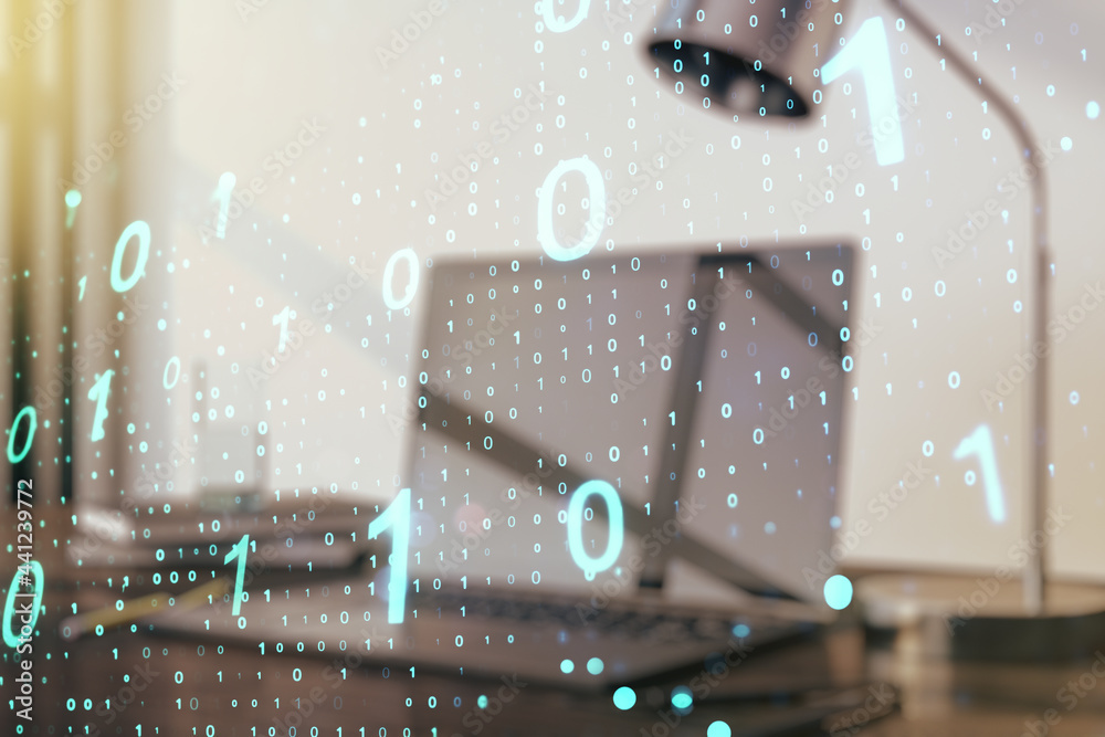 Poster creative concept of binary code illustration on modern laptop background. big data and coding concep