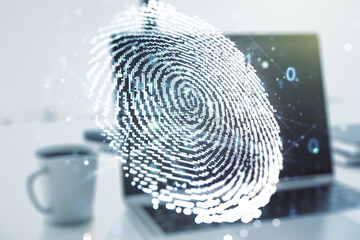 Abstract creative fingerprint concept on modern laptop background. Multiexposure