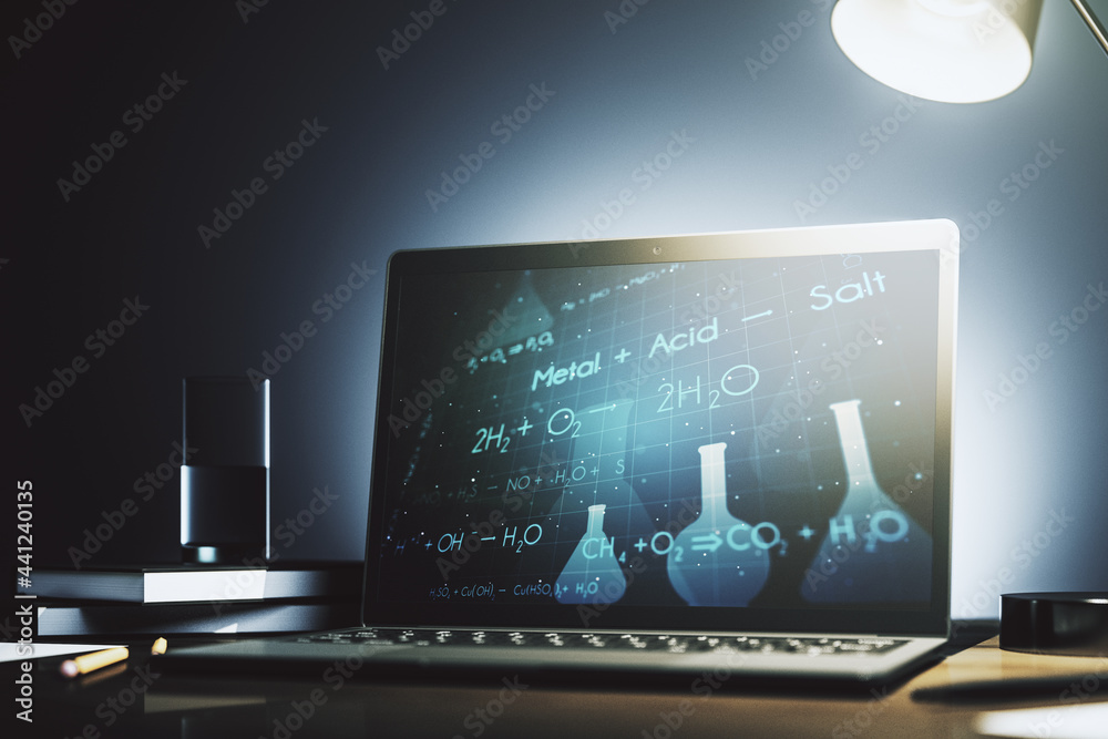 Poster modern computer monitor with creative chemistry concept, research and development concept. 3d render