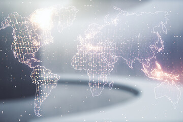 Multi exposure of abstract graphic world map hologram on abstract empty interior background, connection and communication concept