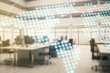 Fototapeta premium Abstract virtual world map with connections on a modern furnished office background, international trading concept. Multiexposure