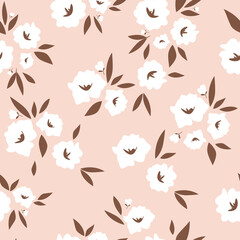 Seamless Pattern in Floral Style.White Flowers Beige Background for Design.Vector Illustration