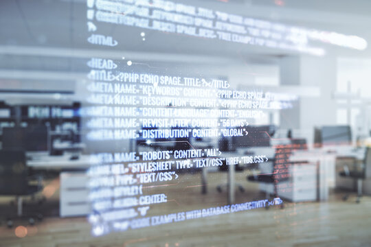 Multi exposure of abstract creative coding sketch on a modern furnished office background, artificial intelligence and neural networks concept