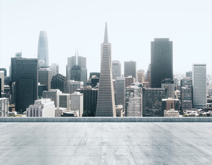 Empty concrete dirty rooftop on the background of a beautiful San Francisco city skyline at daytime, mockup