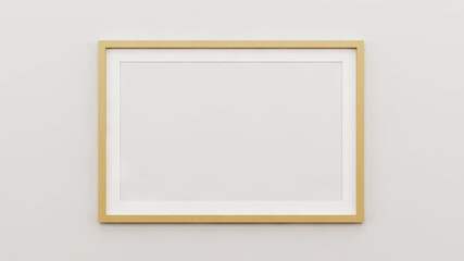 Horizontal rectangular mockup picture frame with a wooden border. Single empty mockup frame hanging on a white wall. 3d illustration.