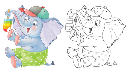 Cute baby elephant. Coloring page. Illustration for children. Character design. Cute and funny cartoon characters isolated on white background