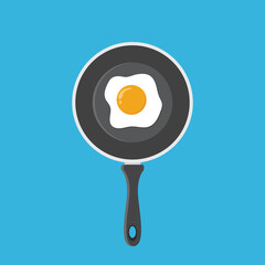 Fried egg in frying pan cartoon vector illustration on blue background