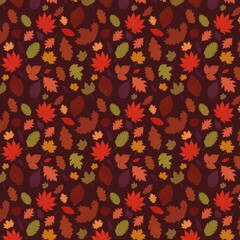 Seamless pattern of autumn leaves on brown background