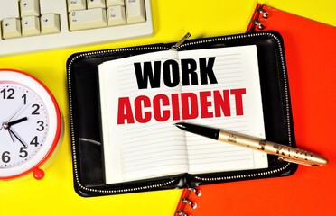 Work accident. The text inscription in the notebook describes the damage to health during the...