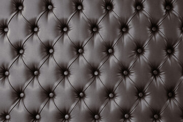 Decorative upholstery of door or wall with soft interior panel. Furniture upholstery in dark brown leather.
