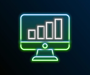 Glowing neon line Computer monitor with graph chart icon isolated on black background. Report text file. Accounting sign. Audit, analysis, planning. Colorful outline concept. Vector