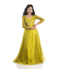 Fototapeta premium Portrait of beautiful traditional Indian girl posing on white background.