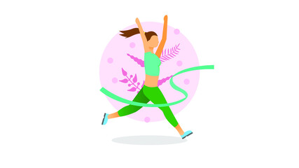 Abstract Flat Woman Running Cartoon People Character Concept Illustration Vector Design Style With Leaves Marathon Training Exercising Finishing Tape Sport Win 