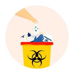 Throw a contaminated tissue paper to a biohazard bin. The biohazards waste management concept. Infection control and prevention.