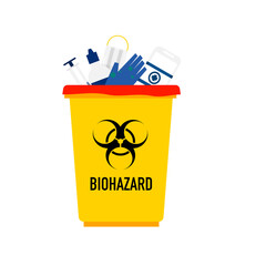 Cartoon of a yellow bin with biohazards waste on white background.