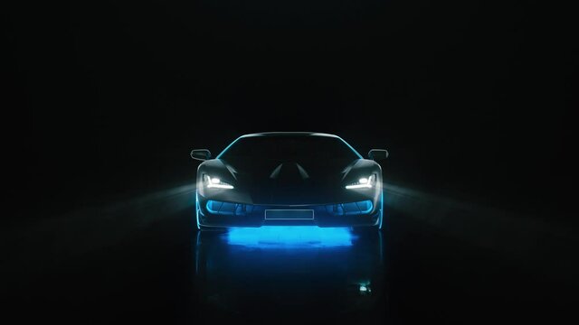 sports car with neon lights turns on the ignition in the dark and goes to the camera