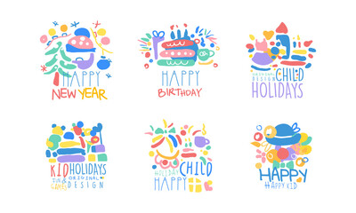 Child Holidays Logo Design Set, Child Holidays Logo Design Set, Happy, New Year, Birthday Labels Vector Illustration