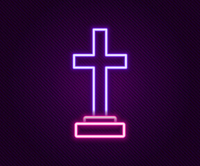 Glowing neon line Grave with cross icon isolated on black background. Colorful outline concept. Vector