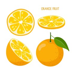 Orange fruit. Whole, half, and slice of fruit isolated on white. Fresh sour Citrus fruit with inscription. Dietetic, vegetarian and healthy food. Flat vector for summer design, lemonade, juice, logo.