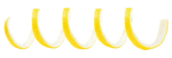 Spiral of lemon skin - Citrus twist peel isolated on a white background. Lemon zest as cocktail...