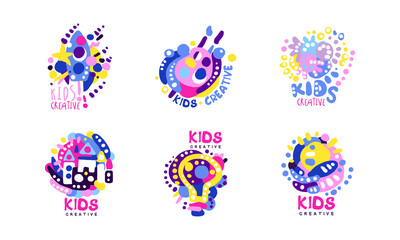 Kids Creative Logo Design Set, Children Art, Science Class Colorful Labels Cartoon Vector Illustration