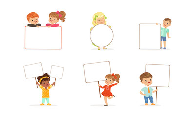 Cute Kids Holding Blank Banners Set, Little Boys and Girls with Empty Signboards Cartoon Vector Illustration