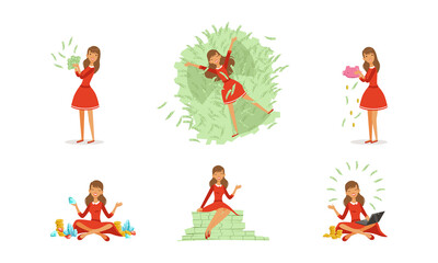 Happy Successful Young Woman Millionaire Enjoying her Money Set, Happy Wealthy Girl with Bundles of Money Cartoon Vector Illustration