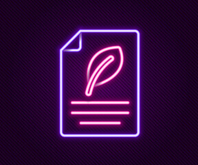 Glowing neon line Eco paper with leaf icon isolated on black background. Suitable for business, education and nature. Colorful outline concept. Vector