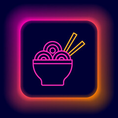 Glowing neon line Asian noodles in bowl and chopsticks icon isolated on black background. Street fast food. Korean, Japanese, Chinese food. Colorful outline concept. Vector